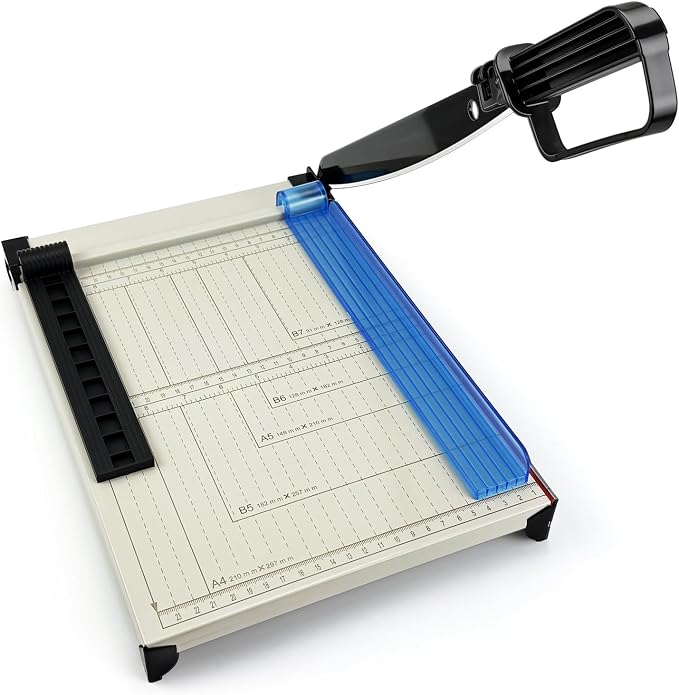 Paper Cutter, 12" Cut Length Guillotine Trimmer, Paper Cutting Board with 10 Sheet Capacity Papers, Metal Base Papers Slicer with Safety Guard for Classroom Office Home Cardstock Crafts & Photo