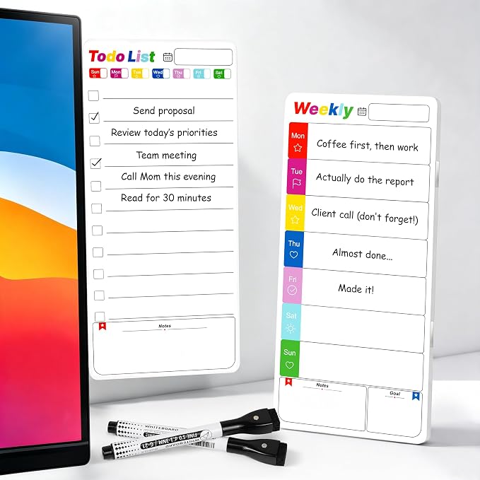 Office Supplies Desk Accessories 2pcs Computer Monitor Magnetic Memo Board | Week & To Do List Dry Erase Magnetic Memo Board Planer, Sticky Note Holder with 2 Markers