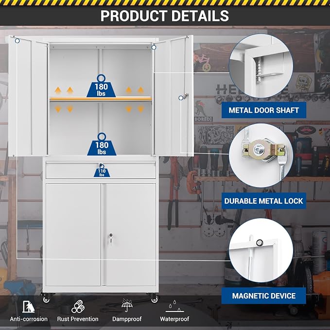 Fesbos 73" Metal Cabinet-White Heavy Duty Rolling Storage Cabinet Steel Tool Cabinets with Wheels, Shelves, Lockable Doors and Drawers- for Garage, Pantry, Warehouse Home Office- Assembly Required