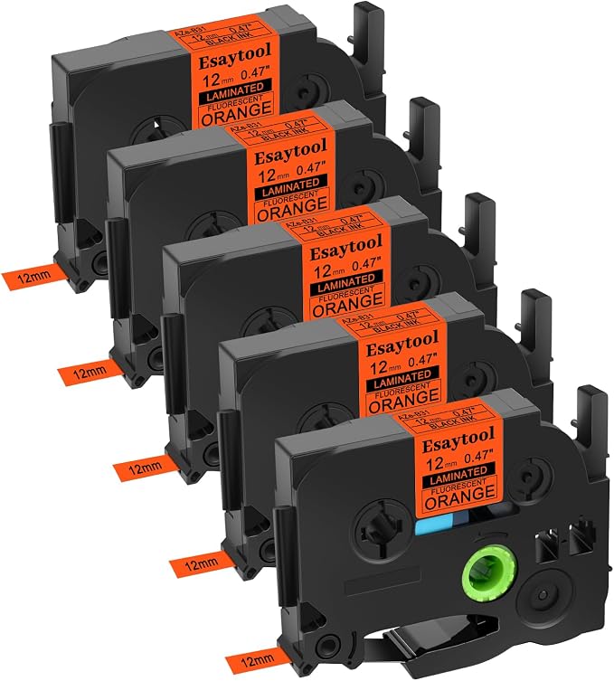 5 Pack Esaytool Replacement for TZe-B31 TZeB31 TZB31 12mm 0.47inch Black on Orange Fluorescent Laminated Compatible with P-Touch PT-D210 D220 H110 P710BT D450 D600 Label Marker