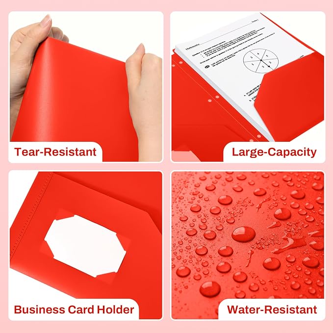 SUNEE 3 Hole Pocket Folders (1 Pack, Red), Plastic Pocket Folders for 3 Ring Binder, 3-Hole Punched Folder with Pockets, for Kids, Students, Teachers, Office Staff