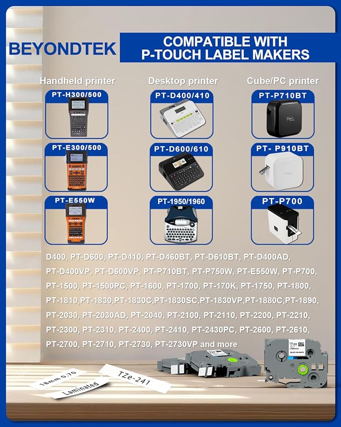 Work for Brother P Touch 3/4" Black on White TZ Tze 18mm Label Maker Tape Compatible with Brother Ptouch 18mm 0.7 Laminated White TZe-241 for PT-D400 PT-D410 PT-D600 PT-D610BT,8m 26.2ft