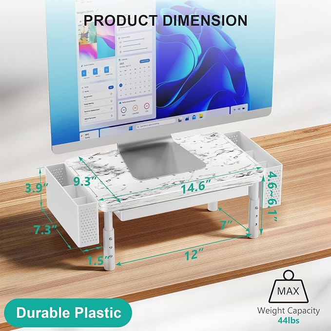 WALI Computer Monitor Stand with Storage and Pen Holder | 3 Height Adjustable Desk Organizer with Drawer, Desk Laptop Monitor Riser for Computer, Printer(PTT003-M), 1 Pack, Marble
