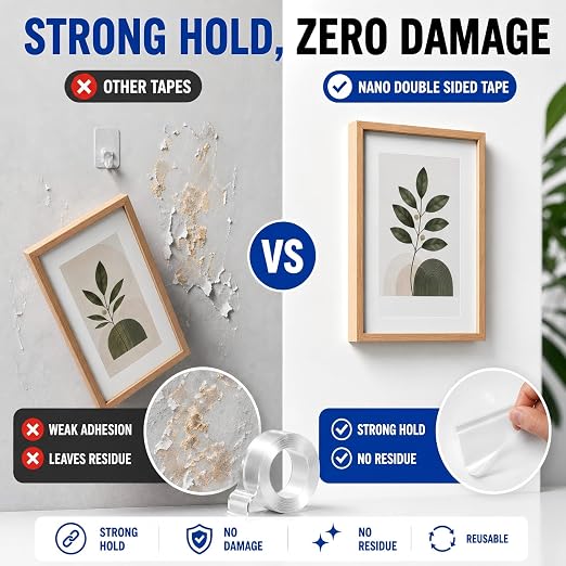 【1 Rolls Double Sided Tape Heavy Duty, Nano Clear Mounting Tape, Picture Hanging Poster Carpet Tape for Walls, Dorm Office School Outdoor, Removable Adhesive（9.85FTx1.2in