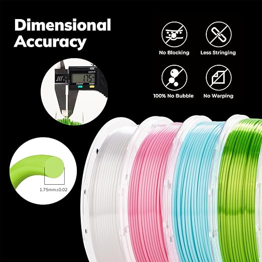 AMOLEN PLA 3D Printer Filament,PLA Filament 1.75mm,Silk Filament Bundle,White,Sakura Pink,Neon Green,Baby Blue, 3D Printing Filament Bundle, 200gX 4 Spools