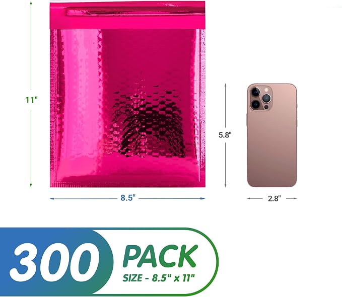 Glamour Metallic Bubble Mailers 8.5 x 11 Inches Hot Pink, 300 Pack Padded Envelopes for Shipping, Mailing, Packaging Protection