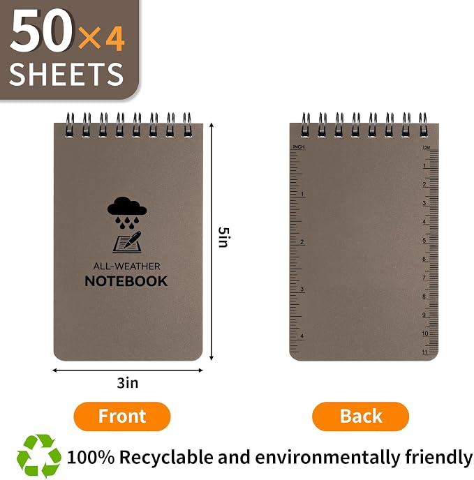 COIDEA Waterproof Notebook, 4 Pack 3" x 5" Top-Spiral Pocket Notepad | Weatherproof NotePad, All Weather Police Pocket Notebook Little Memo Steno Note Pads for Outdoor Office School
