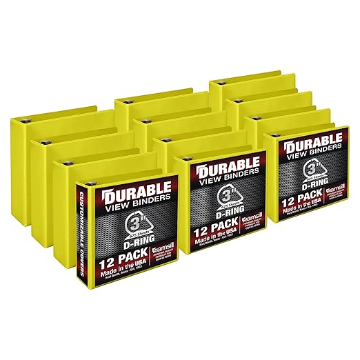 Samsill Durable 3 inch 3 Ring Binder, D Ring Binder, 100% Recycled Chipboard, Yellow, 12 Pack