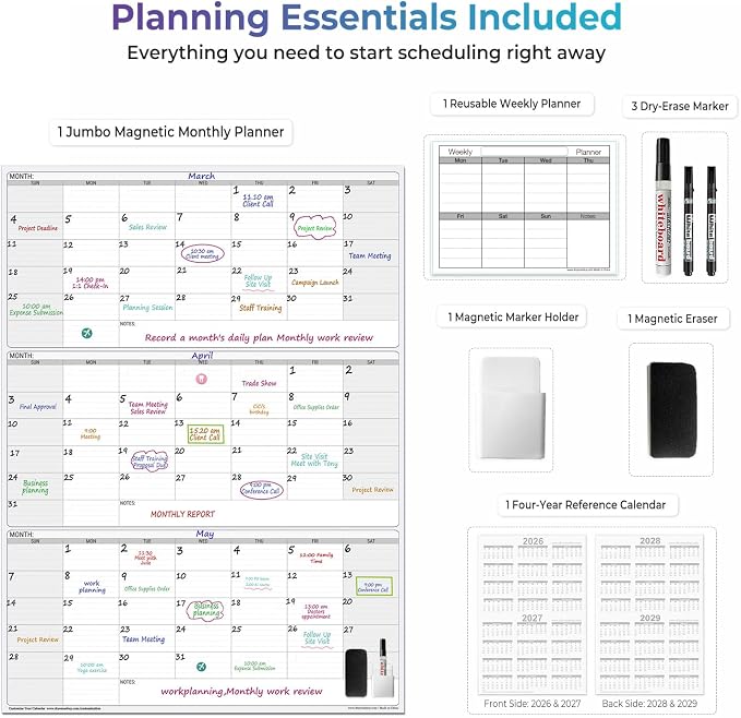 Magnetic Dry Erase Board Calendar 3 Month,46 x 63in Large Magnetic Calendar | Oversized Vertical Reusable Three Monthly White Board Calendars,Giant Huge Jumbo Blank 90 Day Scheduling Planner For Office