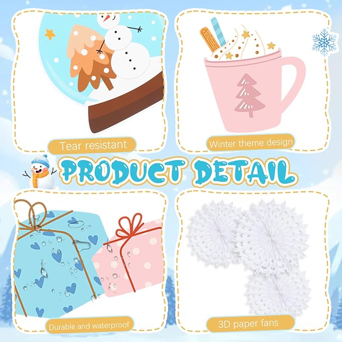 72 Pcs Winter Christmas Bulletin Board Decorations with Paper Fans | Xmas Classroom Bulletin Board Set, Cocoa Snowflake Snowball Snowman Cutout, Winter Holiday School Wall Door Decor
