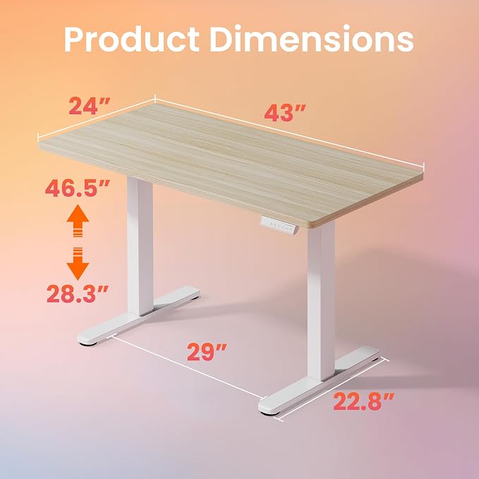 HUANUO 43x24 Inch Electric Standing Desk, Height Adjustable, Light Walnut | 176 Lbs Capacity, Smooth Home Office Desk, 4 Memory Presets & Headphone Hooks, 28.3–46.5 Inch Height Range, Easy to assemble