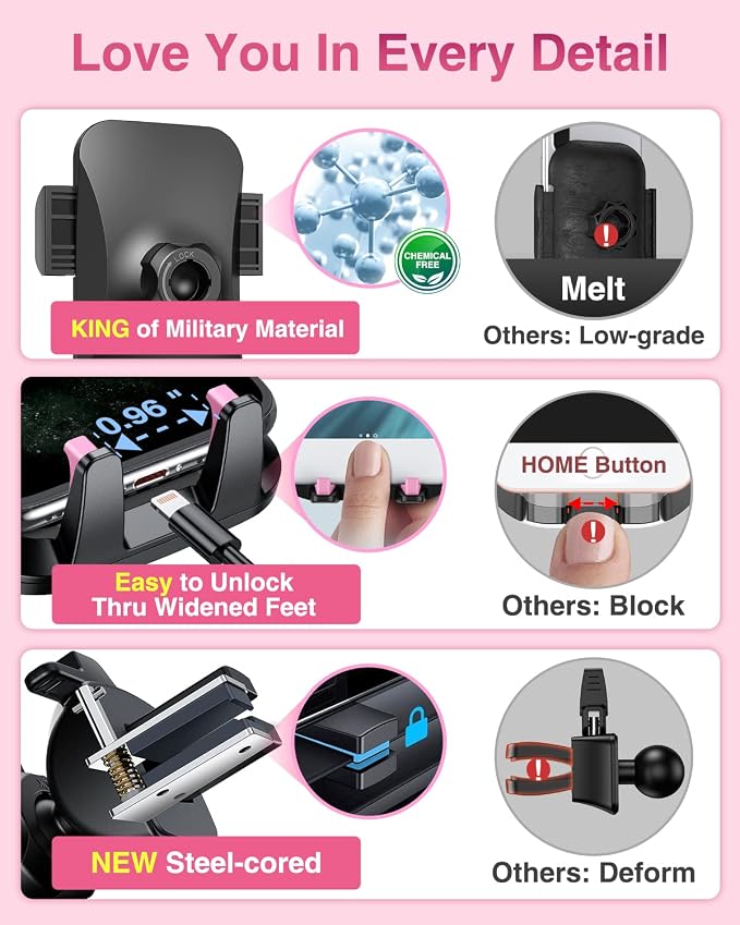 VANMASS【85+LBS Strongest Suction & Military-Grade Ultimate Car Phone Mount | 【Patent & Safety Certs】 Cell Phone Holder for Dash Windshield Vent for iPhone 17 Pro Max Automobile Interior Sets, Light Pink