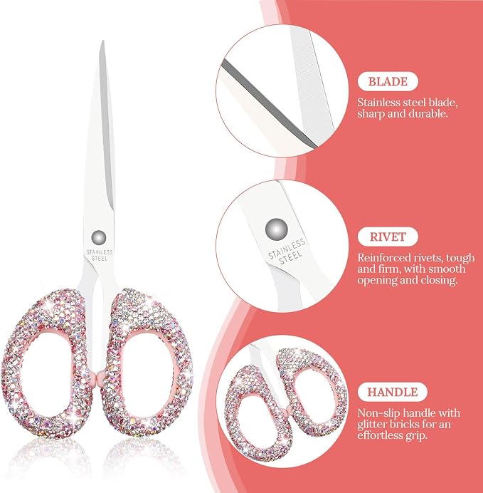 Koqye 6.3-Inch Pink Rhinestone Scissors - Stainless Steel Cute Scissors for Office, Home & Crafting, Decorative Bling Handle Paper Cutting Tool (Pink)