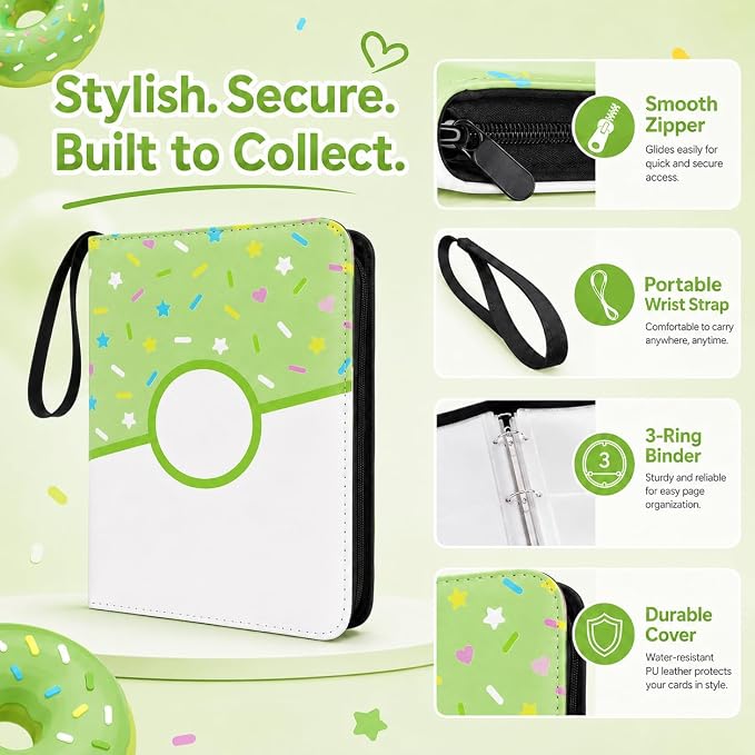 9 Pocket Card Binder 900 Card Holder Album, Green Donut Trading Cards Holder Zipper Binder for Girl Teen Collection (Green Donut, 900 Pocket)