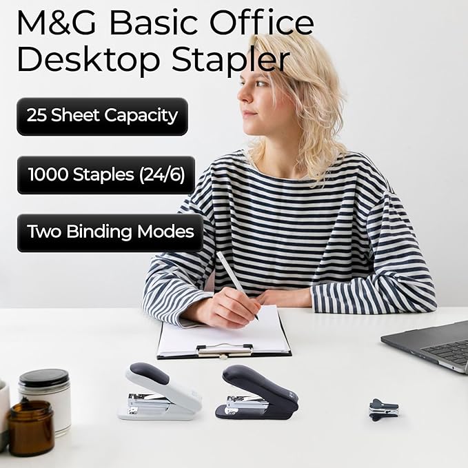 M&G Desktop Stapler Portable Stapler with 25 Sheet Capacity, Two Binding Modes, Classic Staplers with 1000 Staples, Durable Staplers for Office School Home (Black)