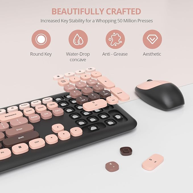 Surmen Cute Colorful Keyboard and Mouse Wireless Silent, Full-Size Retro Typewriter Wireless Quiet Black and Pink Keyboard Low-Noise 2.4GHz for Computer, Desktop, Laptop(6-Heimei)