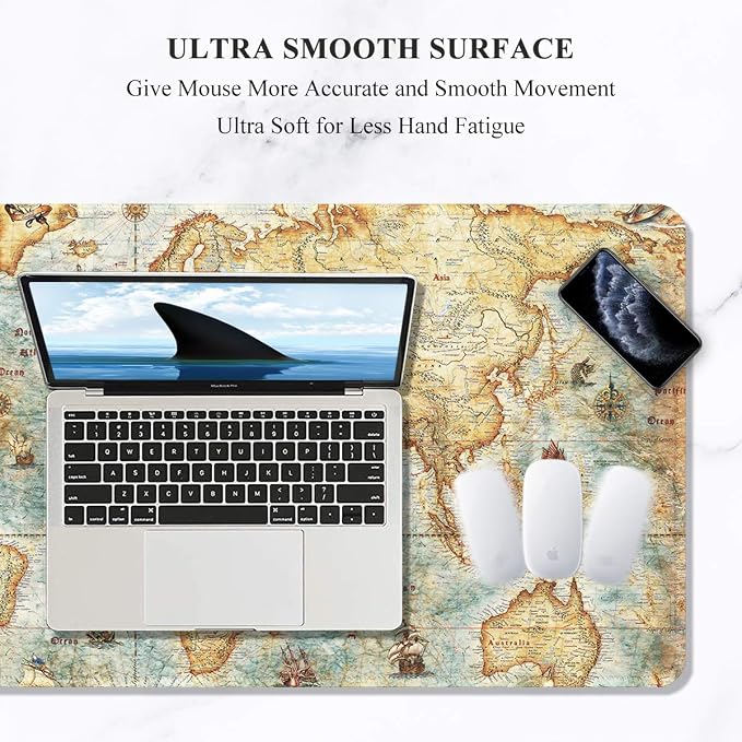 Auhoahsil Large Gaming Mouse Pad, Vintage Map Theme XXL 35.4 x 15.7 in Desk Pad Stitched Non-Slip Rubber Long Computer Mousepad Thin Extended Full Size Desk Mat for Desktop, Laptop, Wireless Mice