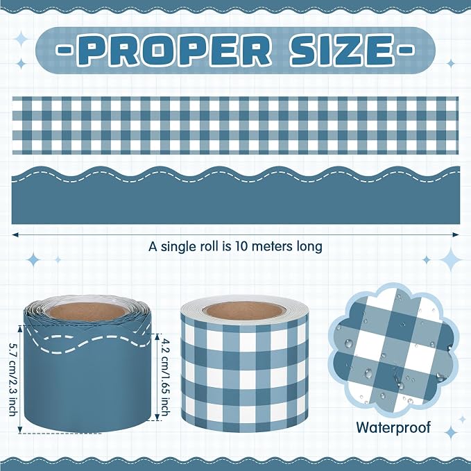 2 Rolls 65.6ft Dusty Blue Gingham Bulletin Board Borders Decoration Blue Checkered and Straight Edge Bulletin Borders Board Trim for Office School Classroom Chalkboard Party Decoration