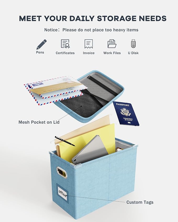 Portable Document Organizer with Lid, Hanging Storage Box with Mesh Pocket for Letter Files, Smooth Sliding Rail - Sky-blue (1 PCS)