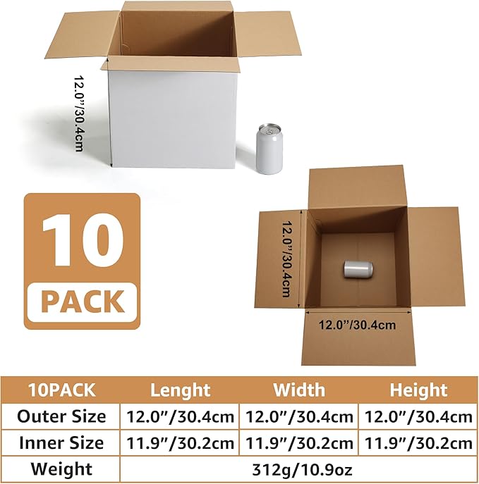 EXYGLO 10 Pack 12x12x12 Shipping Boxes for Small Business, White Corrugated Cardboard Small Box for Packaging, Moving, Mailing, and Storing