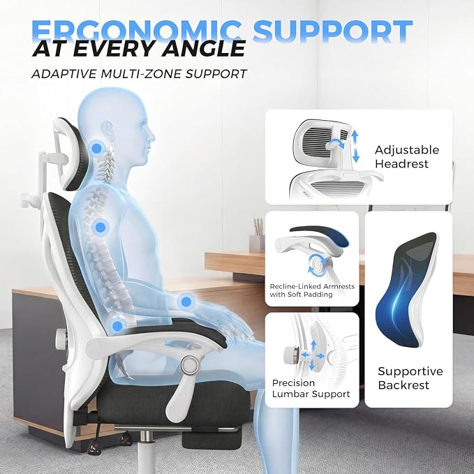 CYKOV Ergonomic Office Chair with Footrest - Adjustable Lumbar Support & Headrest, 90-135° Reclining Mesh Back Computer Chair - Home Office/Gaming, 350lbs Capacity | 4-Way Headrest (4.72" + 60°), 2-Way Lumbar (2" + 1.18"), 90-135° Recline, Breathable M...
