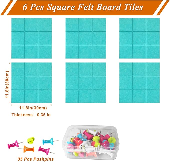 Large Square Felt Cork Board Tiles, Self Adhesive DIY Felt Bulletin Board Pin Board with 35 Pushpins for Office School Home Wall Decor Stickers Memos Photos Display (Teal)
