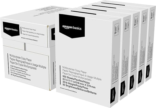 Amazon Basics Multipurpose Copy Printer Paper, 20 lb, 8.5 x 11 Inches, 5 Reams (2,500 Sheets), 92 Bright White