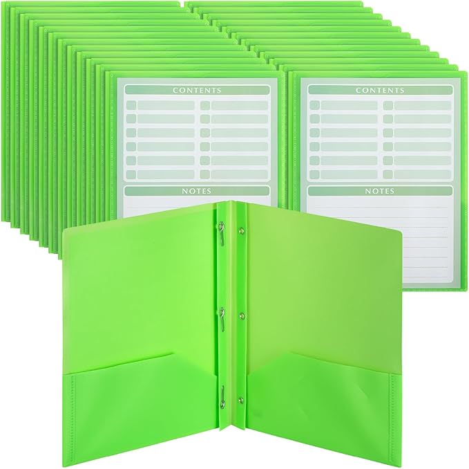 Mr. Pen- Plastic Folders with Pockets and Prongs, 24 Pack, Letter Size, Green, Flexible Plastic Folders with Prongs, Clear Front Pocket and Card Slot