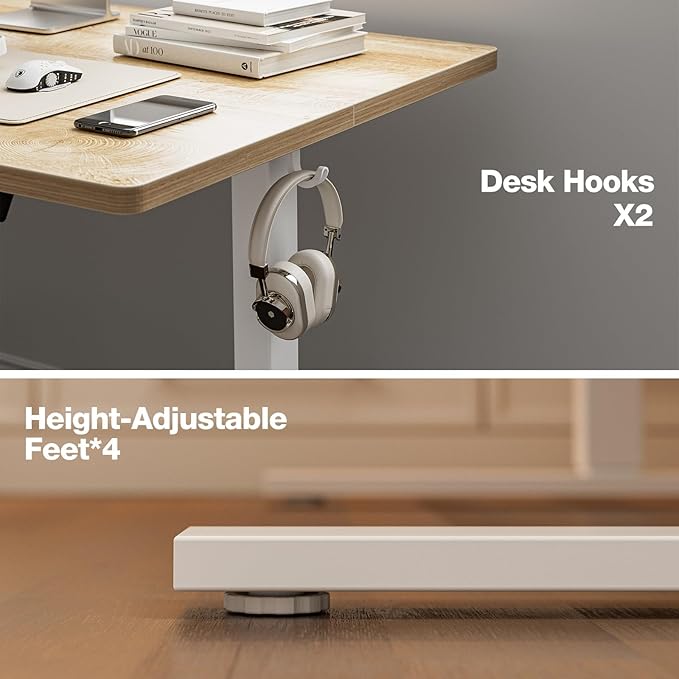 Grandder 47x32 Large Electric Standing Desk, Height Adjustable Computer Desk with 2 Memory Presets, 31.5" Deep Desktop Sit Stand Desk Home Office Desk Workstation Table with Hooks, Oak