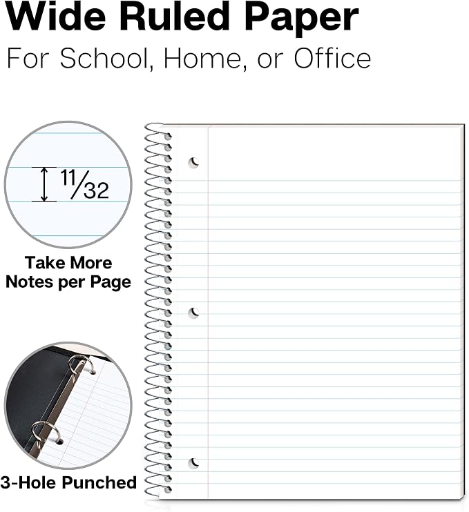 Dunwell 3-Pack Spiral Notebooks 8x10.5, Wide Ruled, Red/Blue/Black | 100 Sheets (200 Pages) Each, Wide Ruled Paper, Divider with Pockets, 3-Hole Punched & Perforated Pages, 3-Pack