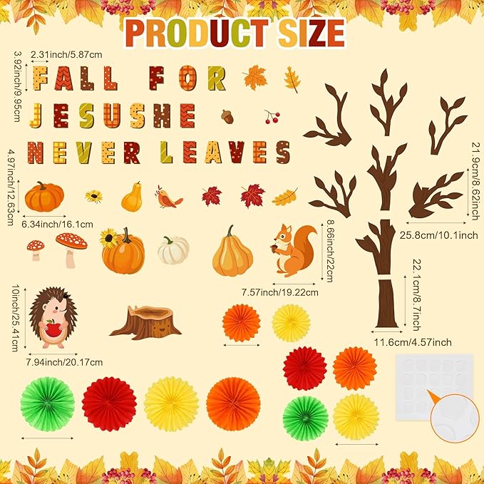81 Pcs Fall for Jesus He Never Leaves Bulletin Board Set Thanksgiving Tree Bulletin Board Decorations for Classroom 3D DIY Paper Fans Religious Cross Wall Decor Thanksgiving Hedgehog Cutouts