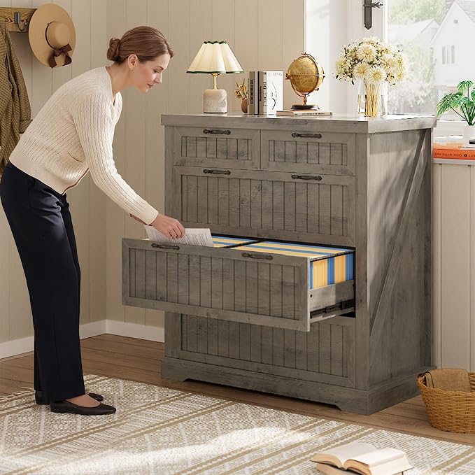SEDETA Filing Cabinet for Home Office, Farmhouse 5 Drawers File Cabinet, Wood Office File Cabinets for Letter/Legal/A4 Size, File Cabinets with Printer Stand for Study Room, Living Room, Grey