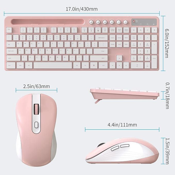Wireless Keyboard and Mouse Combo, MARVO 2.4G Ergonomic Wireless Computer Keyboard with Phone Tablet Holder, Silent Mouse with 6 Button, Compatible with MacBook, Windows (Pink)