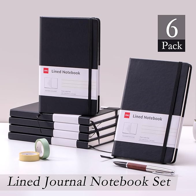 deli 6 Pack Black Lined Journal Notebook for Work, Moleskine Notebooks, A5 (5.5"x8.3"), 160 Pages Hardcover Journaling Notebooks, Black College Ruled Notebooks for Notes-taking/Work/Travel