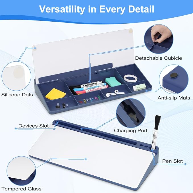 Desktop Glass Whiteboard with Storage, Desk Dry Erase White Board Blue | Computer Keyboard Stand, Office Desk Organizers and Accessories with Drawer, To Do Memo Notepad, Home School Supplies