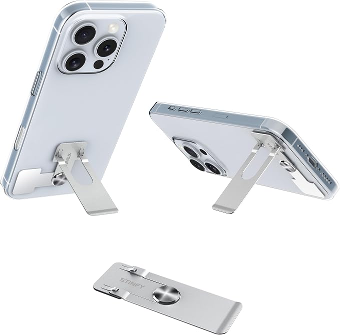 Phone Slim Stand Ultra Thin Kickstand, Unnoticeable Universal Vertical Horizontal Steel Metal Stable Mount Attachable Pocket Friendly Phone Holder for iPhone Samsung Phone Case (Sliver 1-Pack)