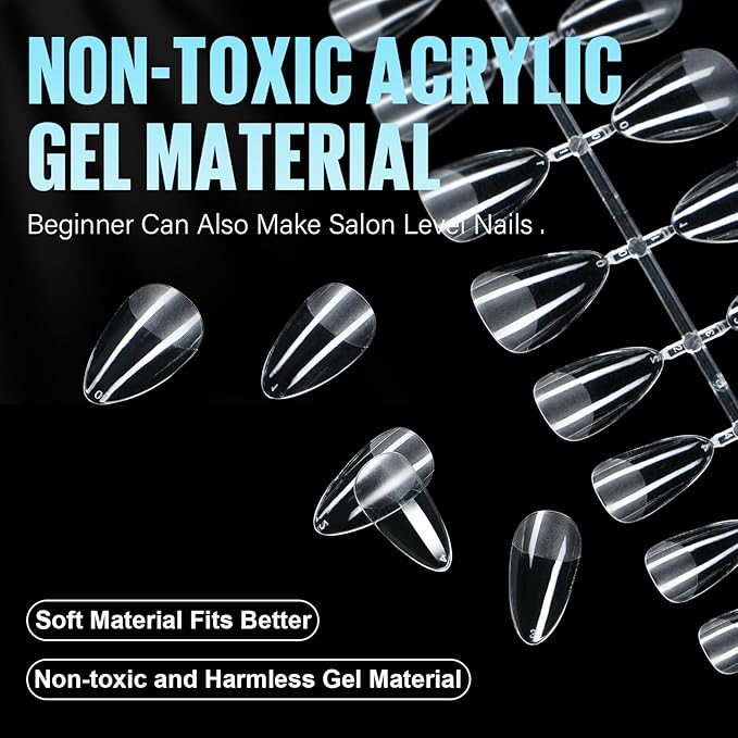 TOMICCA Medium Almond Nail Tips, 192Pcs 12 Sizes Acrylic Pre Buffed Medium Almond False Gel Tips, Full Cover Half Matte Nails for Nail Art Extension Press on Nails