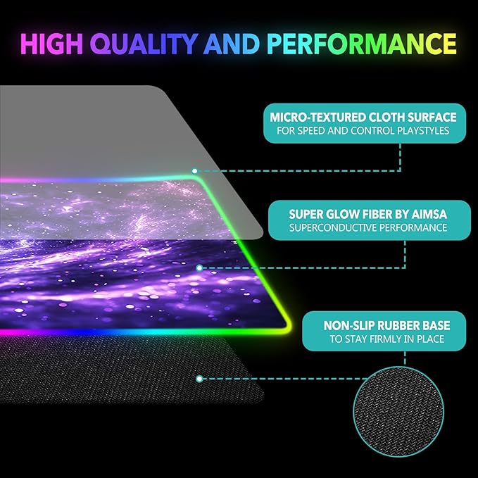 AIMSA RGB Mouse Pad LED Gaming Mouse Pad with 14 Lights Modes, Non-Slip Rubber Base Computer Carpet Desk Mat for PC Laptop (35.4 x 15.8 inch) Purple Blue Nebula