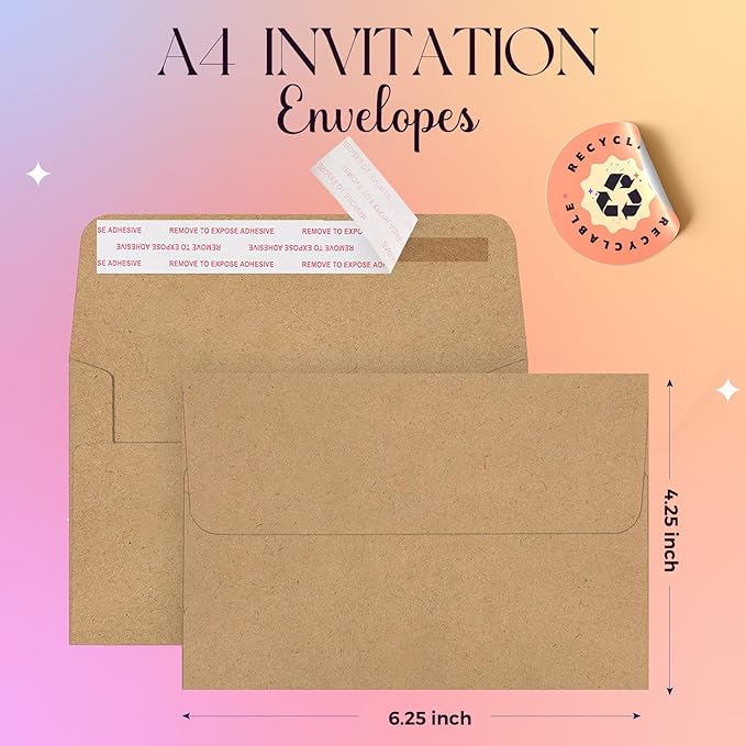 ACSTEP 100Pack A4 Envelopes 4-1/4 X6-1/4 Inch Self Seal Brown Kraft 4X6 Envelopes For for Weddings, Invitations, Photos, Postcards, Greeting Cards Mailing,Baby Shower, Graduation