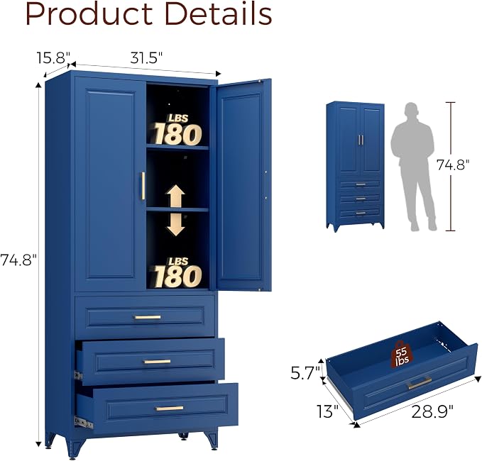 75" Tall Kitchen Pantry Cabinet, Storage Cabinet with 3 Drawers | Metal Kitchen Cabinet with Doors & 2 Adjustable Shelves, Tall Food Pantry, Cupboard for Kitchen, Dining Room, Garage, Office