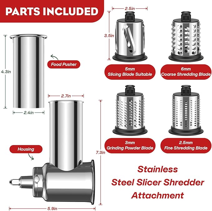 Stainless Steel Slicer Shredder Attachment for KitchenAid Stand Mixers, For KitchenAid Cheese Grater Attachment, Salad Maker, Grinding Powder, Dishwasher Safe with 4 Blades