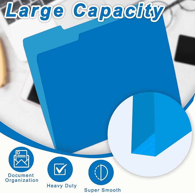 VZCPYTPM 100 Packs Blue File Folder,1/3-Cut Tabs,Heavy Duty Paper File Folders Letter Size,8.5x11 Inch Manilla File Folders for Office Filing,School Projects and Home Document Organizing