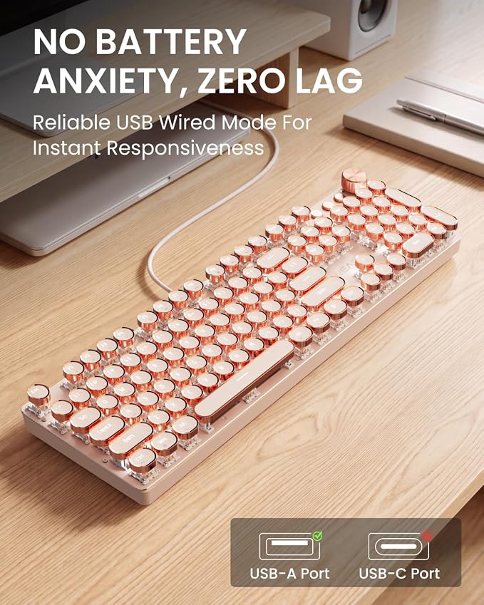 EWEADN Wired Typewriter Mechanical Keyboard, Low Noise Pink Switch Retro Punk Keyboard with Media Knob, White Backlit, Metal Panel, 104-Key Round Keycaps Cute Keyboard for Windows PC- Rose Gold