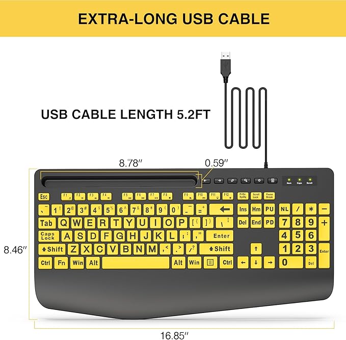 SABLUTE Large Print Keyboard Wired Computer Keyboards with Wrist Rest, Phone Holder, Big Letters Easy to Read Compatible Windows, Desktop, Laptop, Yellow