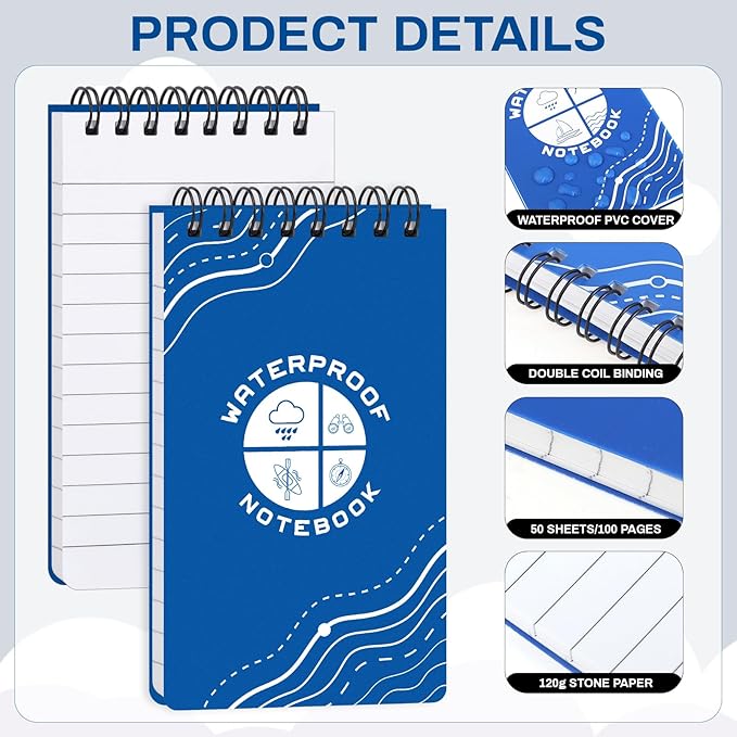 6 Pack Weatherproof Pocket Notebook, 5" x 3" Top-Spiral Weatherproof All Weather Notepad for Office School Police Outdoor Recording Steno Note Pads