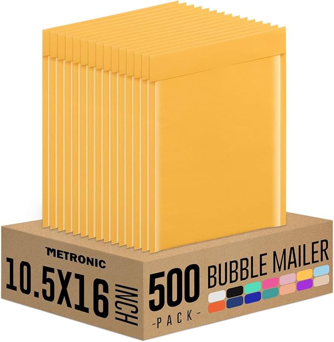 Metronic 500Pcs Kraft Bubble Mailers 10.5X16 Inch Padded Envelopes Usable Size 10.5x15" Bubble Envelopes Lined Wrap Polymailer Bag for Shipping, Packaging, Mailing, Yellow Kraft