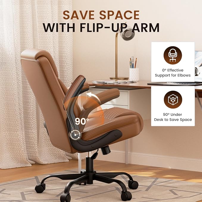 GTPLAYER PU Leather Office Chair, Home Desk Chair with Flip-up Arms, Brown | Ergonomic Back, Comfy Executive Chair for Home Office Gaming, Flexible Rocking, Heavy Duty Chairs