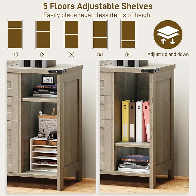 Befrases Farmhouse File Cabinet, Lateral Filing Cabinet with 3 Drawers for Letter/A4 Size Hanging Files, Large Wooden Printer Stand with Adjustable Shelves for Home Office, Rustic Grey