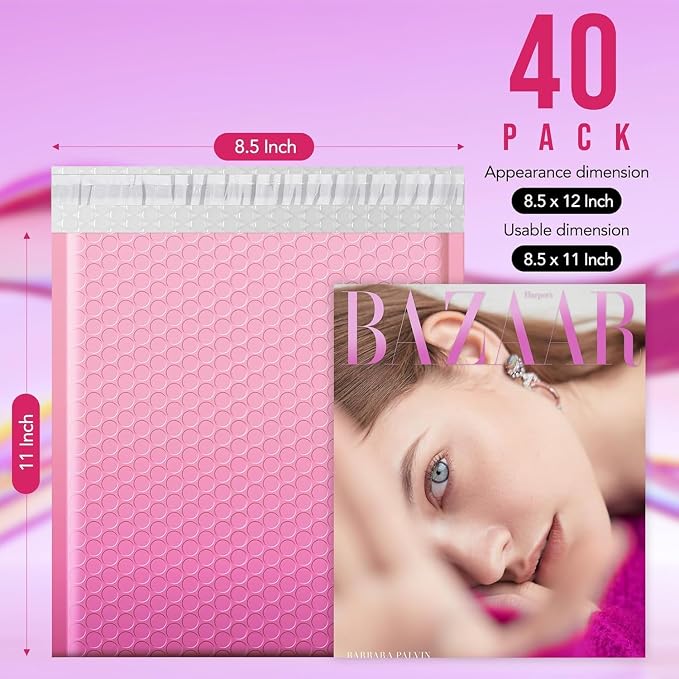 Fuxury 40 Pack Thick Bubble Mailers 8.5x12 Gradient Pink Bubble Envelopes | Usable Size 8.5x11" Cute Design Cushioning Mailer for for Small Business Mailing Books Clothes Makeup Supplies