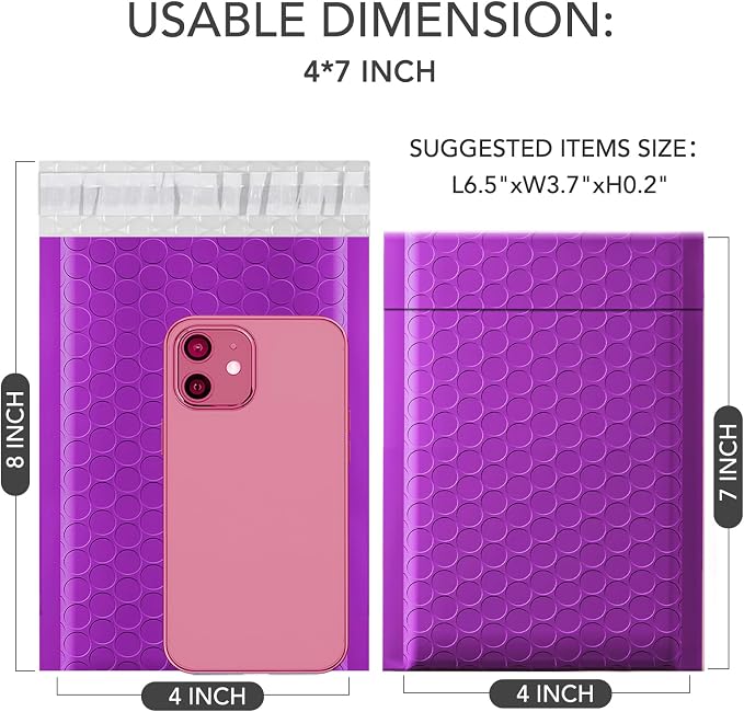 GSSSUSA Purple Bubble Mailers 4x8 Inch 50 Pack Small Padded Envelopes | Usable Size 4x7 Inch Shipping Envelopes Self Seal Small Packaging Shipping Bags for Mailing Jewelry,cosmetics,Small Business